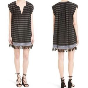 Soft Joie Santalina Split Neck Fringe Hem Tunic Dress Black Sz XS Boho